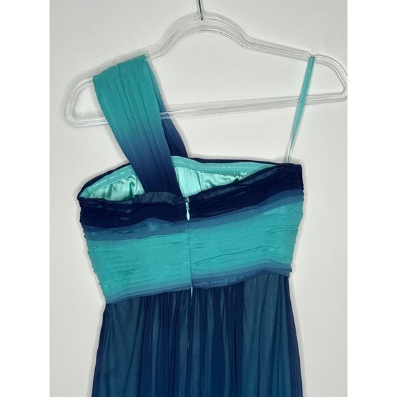 2000s BCBG Max Azria Teal Blue Ombre One-Shoulder Chiffon Evening Gown – Size 0 - Picture 10 of 12